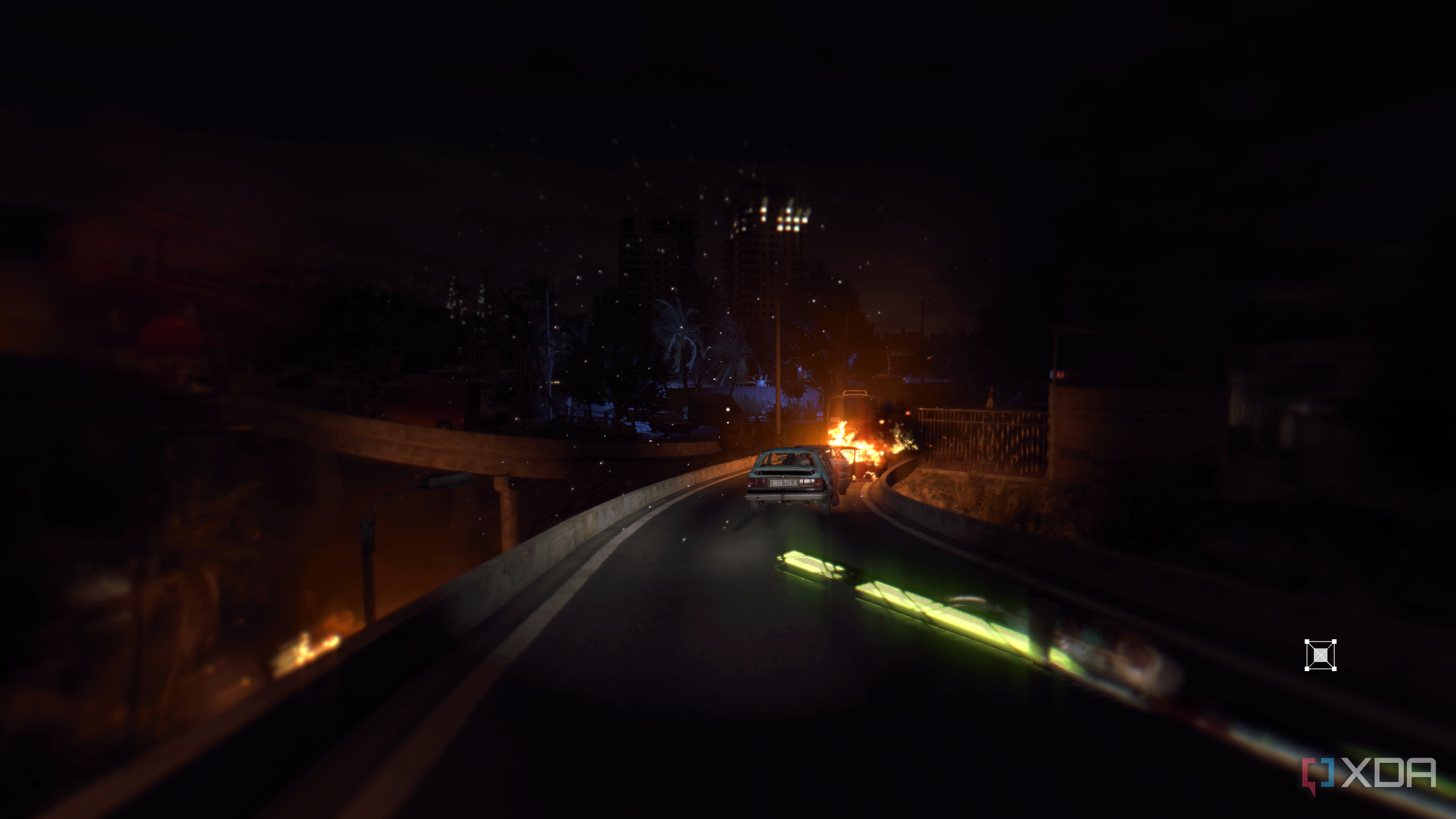 Running towards a distant UV-lit safe zone at night.