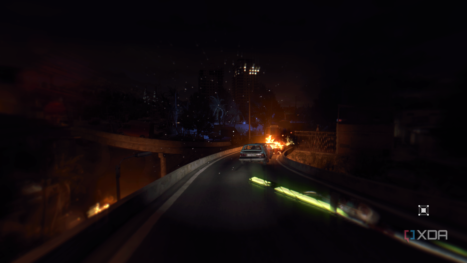 Running towards a distant UV-lit safe zone at night.