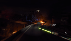 Running towards a distant UV-lit safe zone at night.