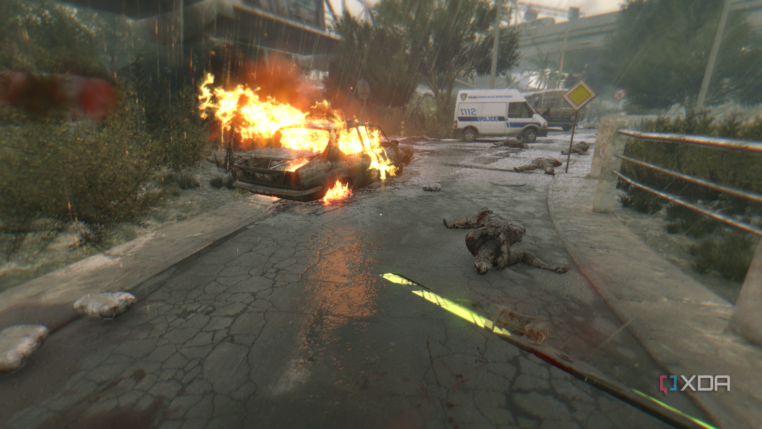 A car on fire in Dying Light.
