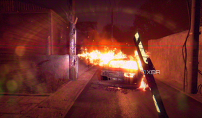 A car on fire during night time in Dying Light.