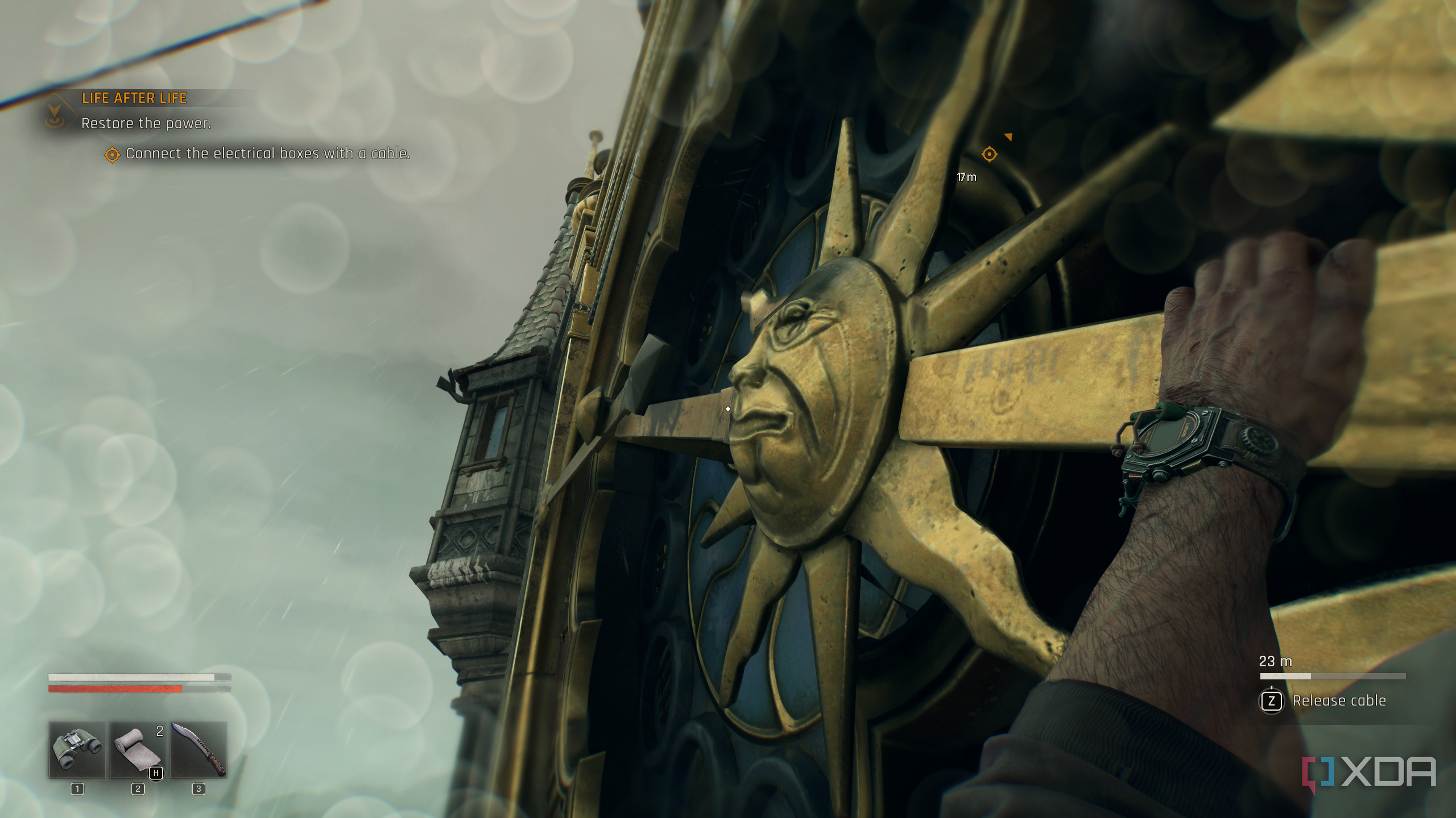 Climbing the watch hands of a huge clock tower in Dying Light: The Beast.