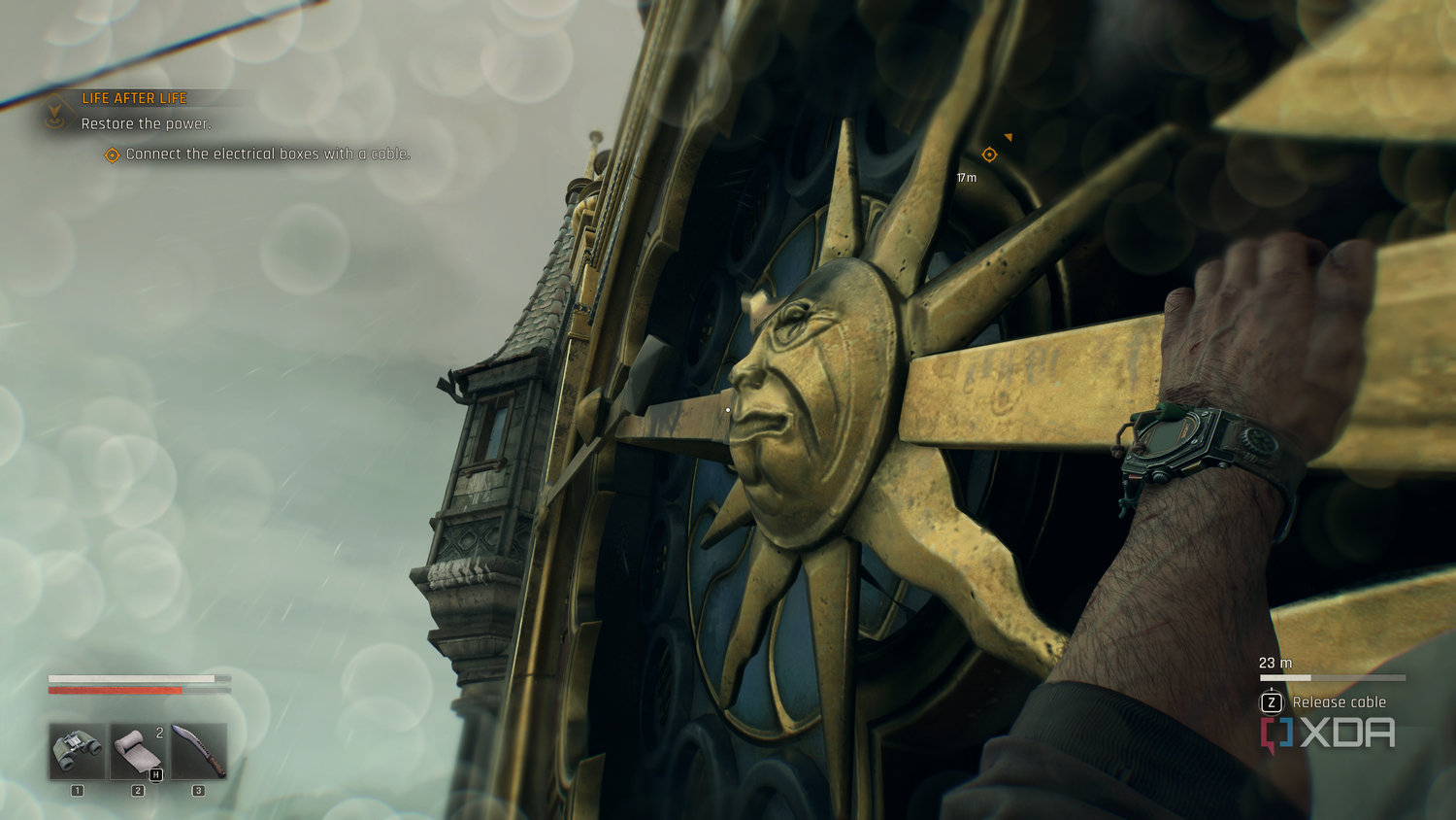 Climbing the watch hands of a huge clock tower in Dying Light: The Beast.