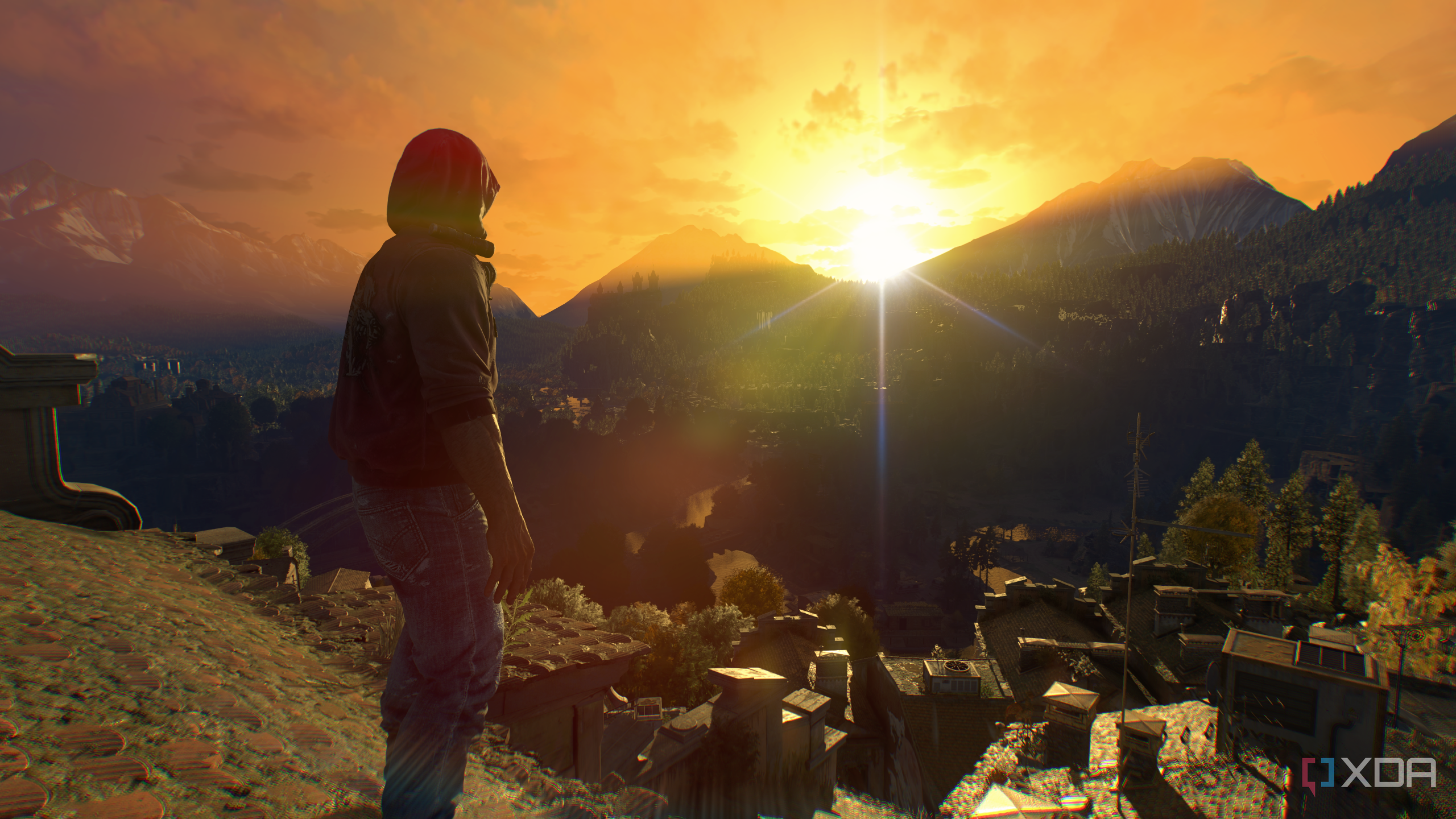 Crane looking at the sun set over the Swiss Alps in Dying Light: The Beast.
