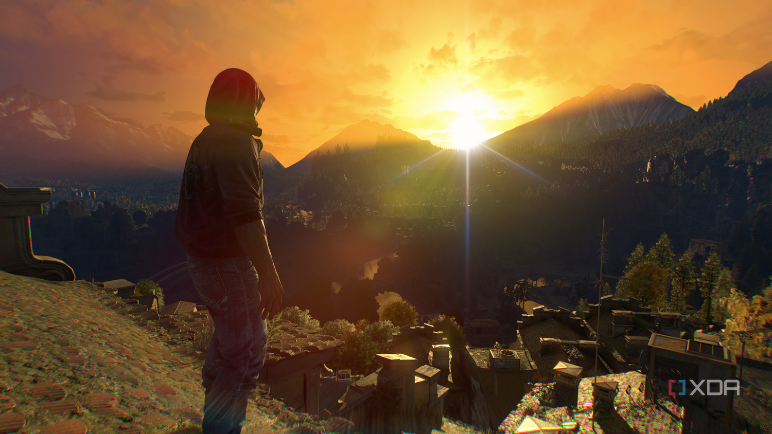 Crane looking at the sun set over the Swiss Alps in Dying Light: The Beast.