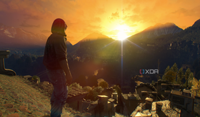 Crane looking at the sun set over the Swiss Alps in Dying Light: The Beast.