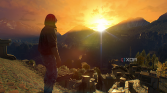 Crane looking at the sun set over the Swiss Alps in Dying Light: The Beast.