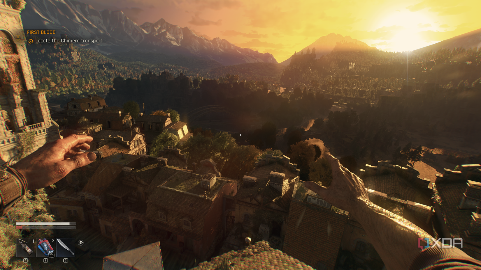 Kyle Crane parkouring and jumping off a roof with his arms up in Dying Light: The Beast at sunset time.