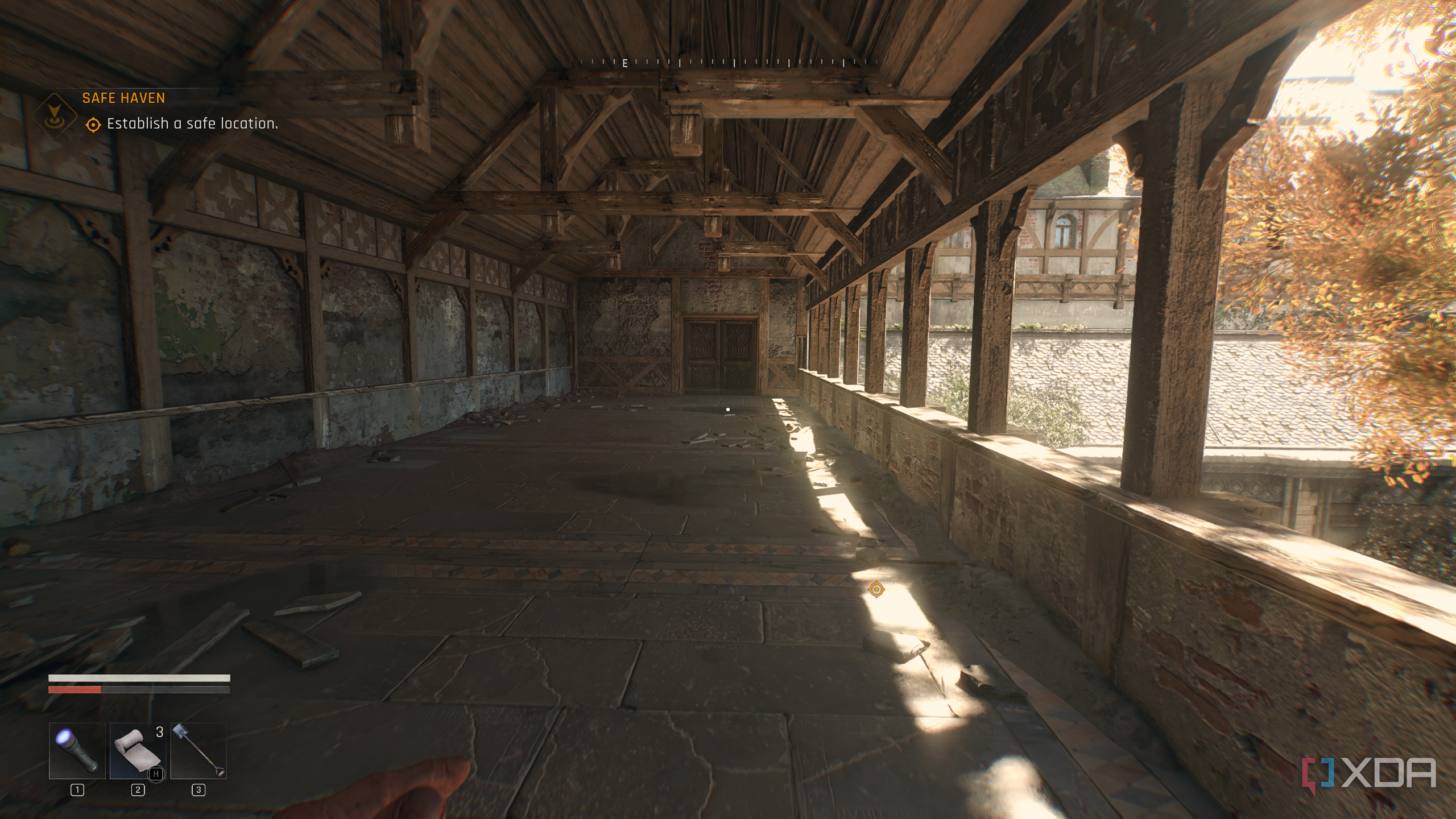 Sunlight peering into a balcony way in an abandoned monastery in Dying Light: The Beast.