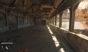 Sunlight peering into a balcony way in an abandoned monastery in Dying Light: The Beast.