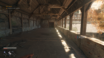 Sunlight peering into a balcony way in an abandoned monastery in Dying Light: The Beast.