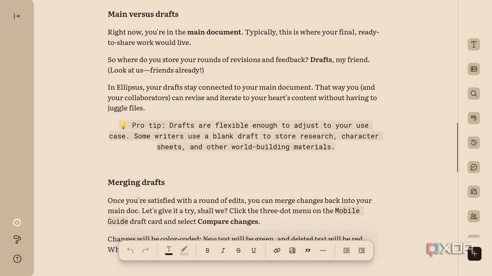 An example editing window in the Ellipsus writing app