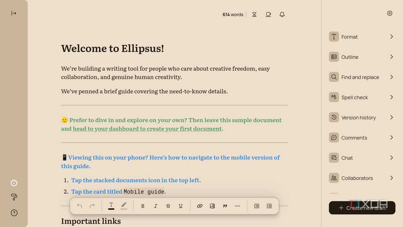 The tools menu for an example document in the Ellipsus writing app