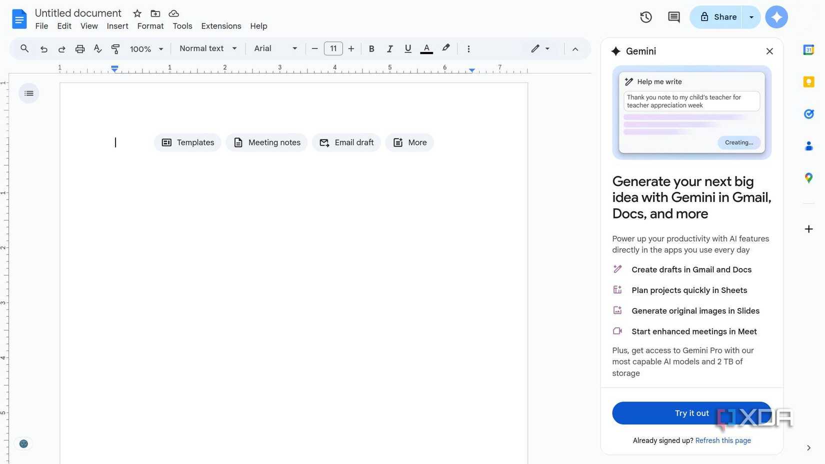 A screenshot of the Google Gemini writing tools ad in Google Docs