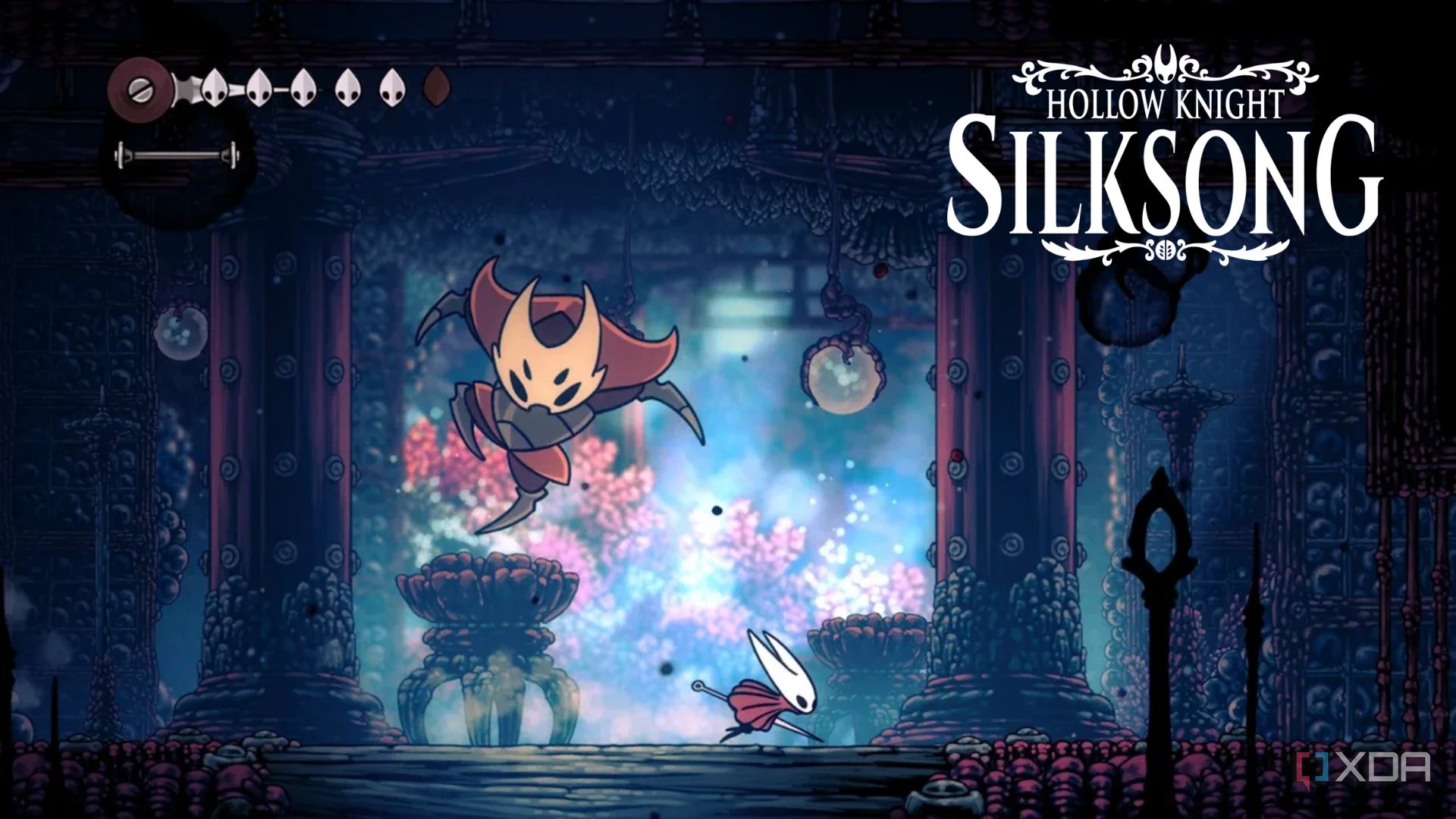 Hornet fighting a boss with the Silksong title