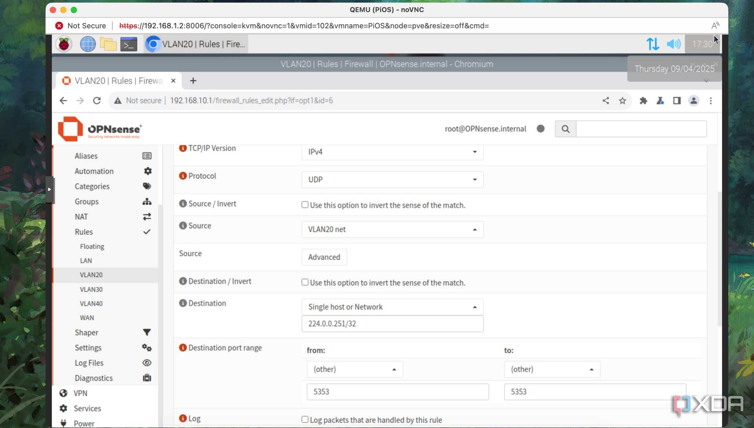 A screenshot of configuring firewall rule for mDNS port in OPNsense