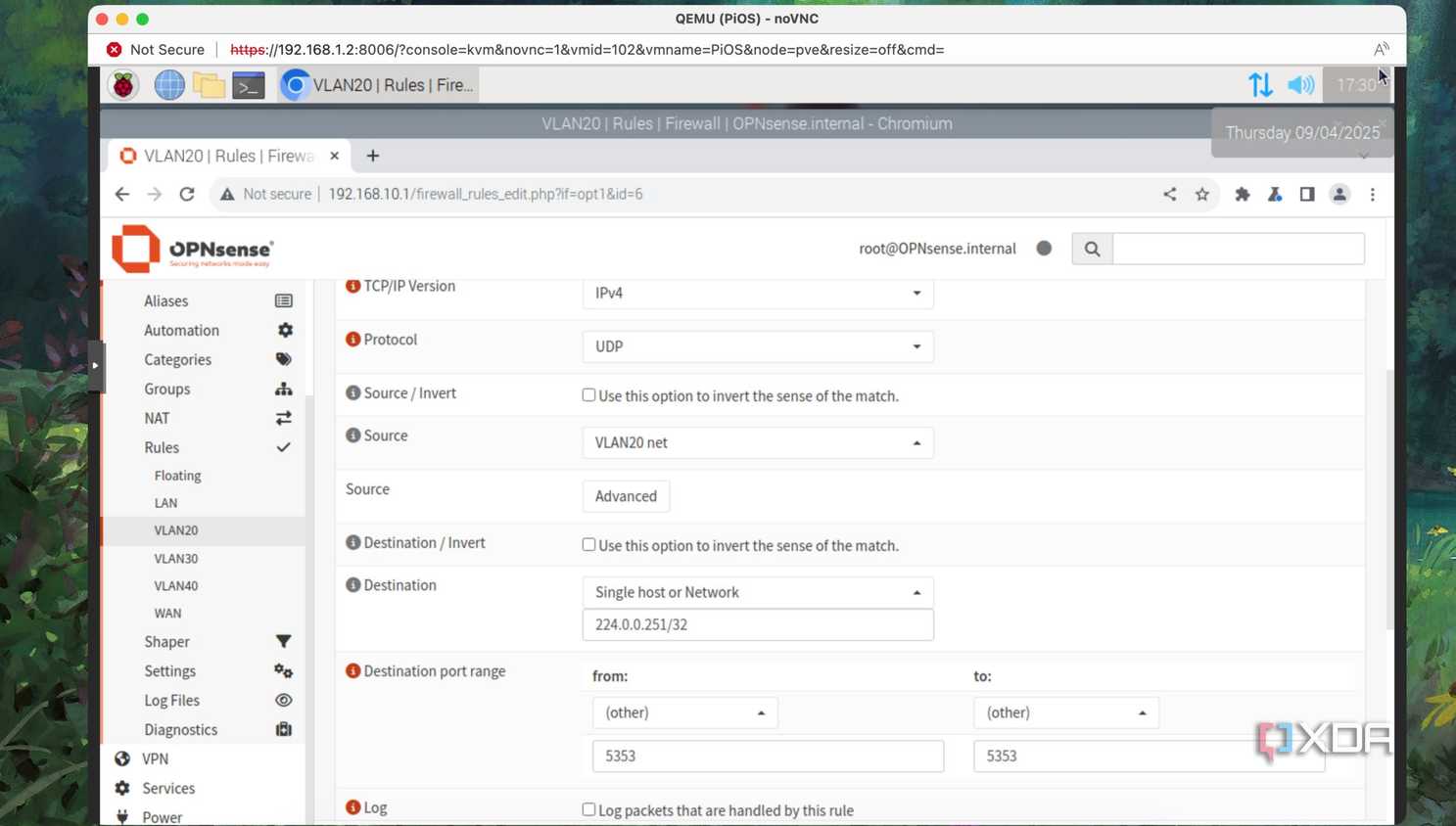 A screenshot of configuring firewall rule for mDNS port in OPNsense