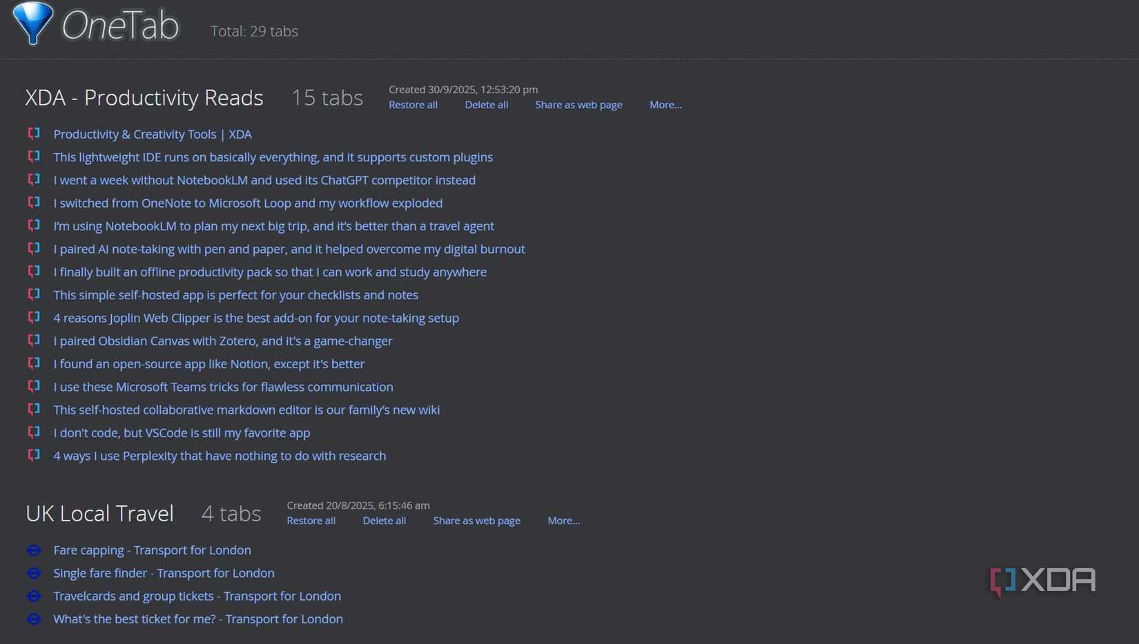 Screenshot of focused tabs and categories on OneTab