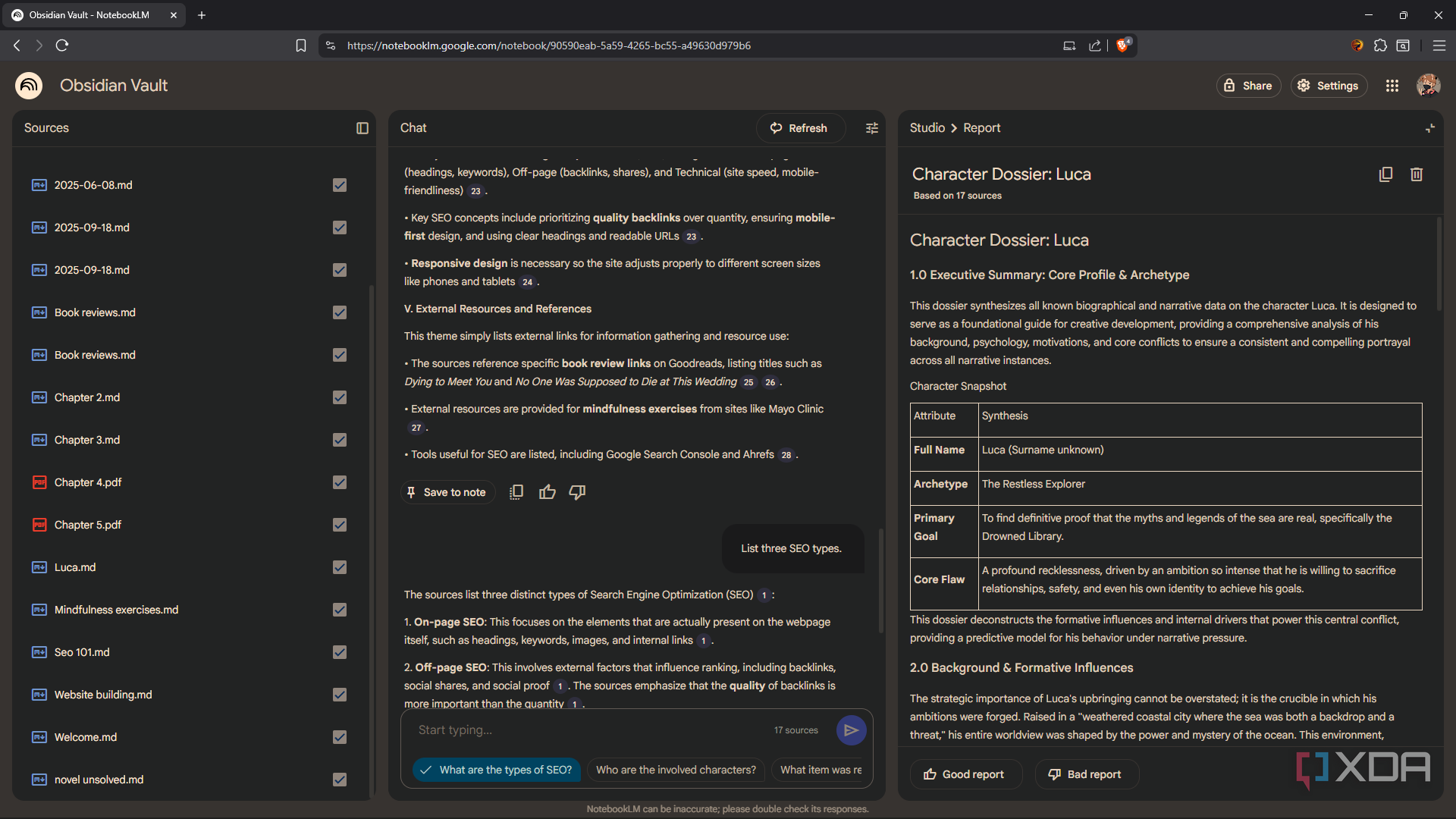 Generating report of characters in NtoebookLM
