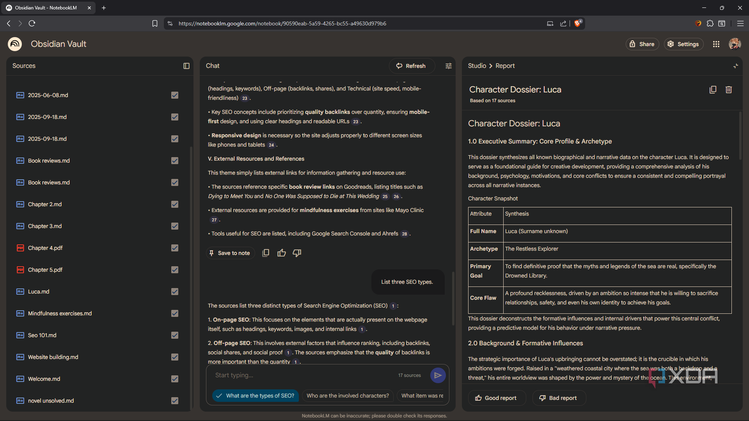 Generating report of characters in NtoebookLM