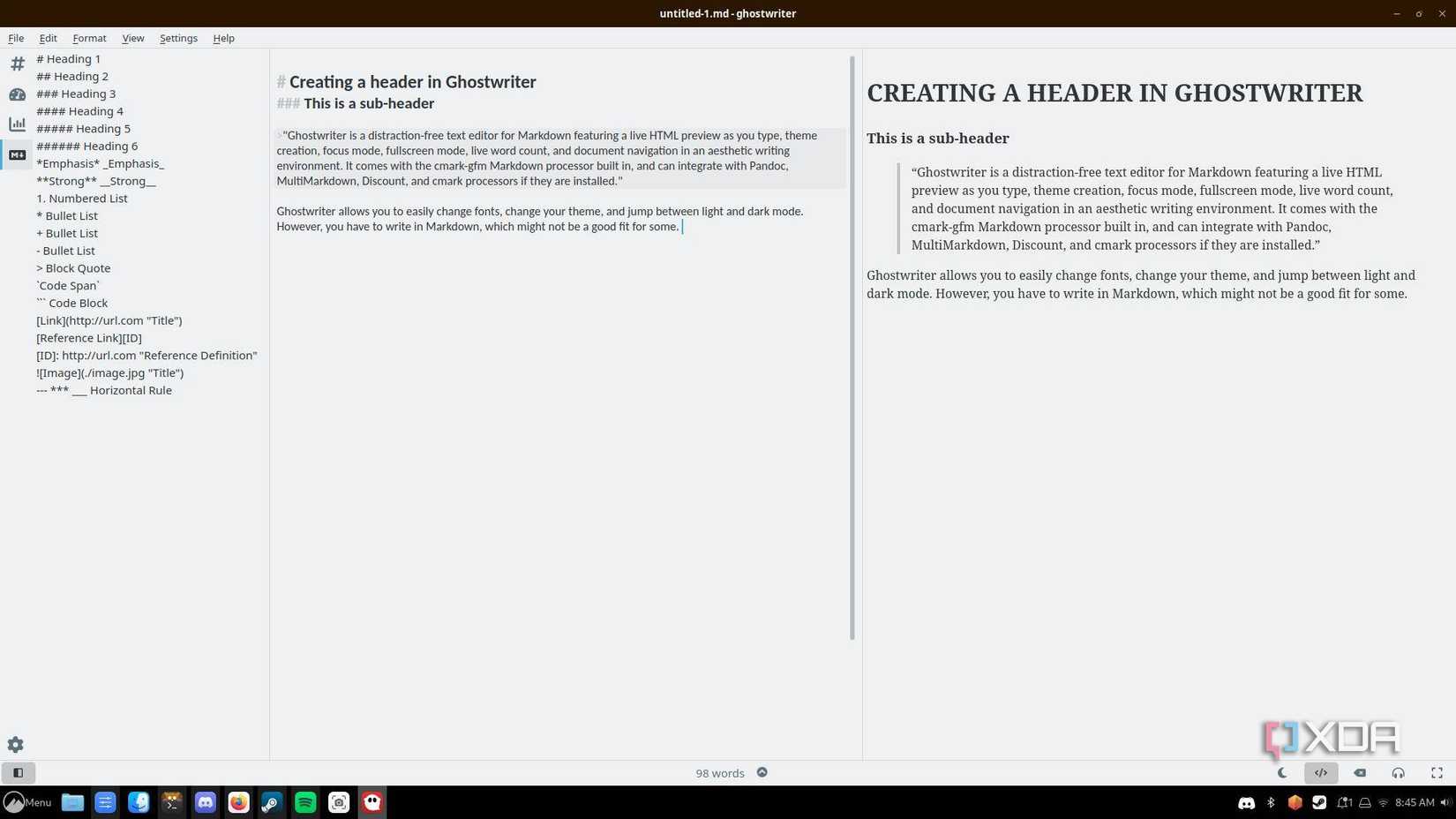 A screenshot of an example document in the Ghostwriter markdown app on Linux