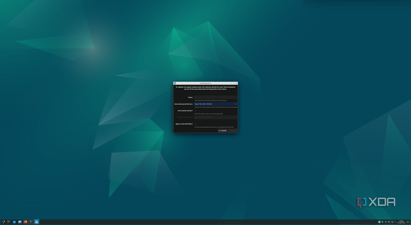 Desktop screenshot with a pop-up window titled “App Registration" for Go HASS Agent. Teal polygonal background.