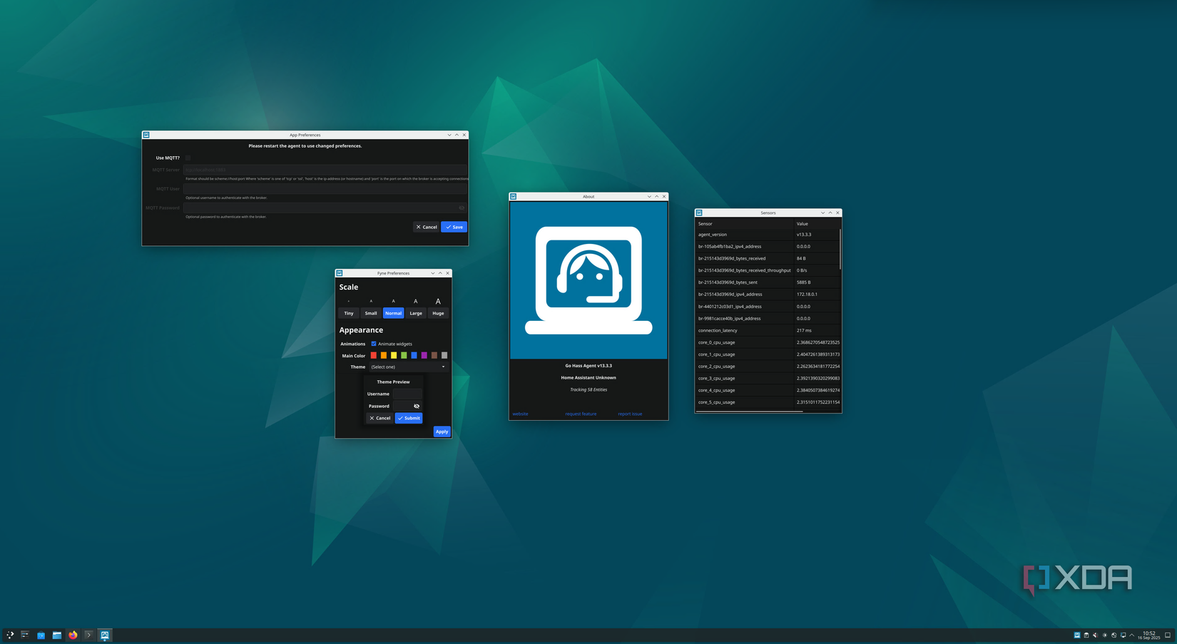 a settings panel, a Go HASS Agent instance. Teal geometric background.