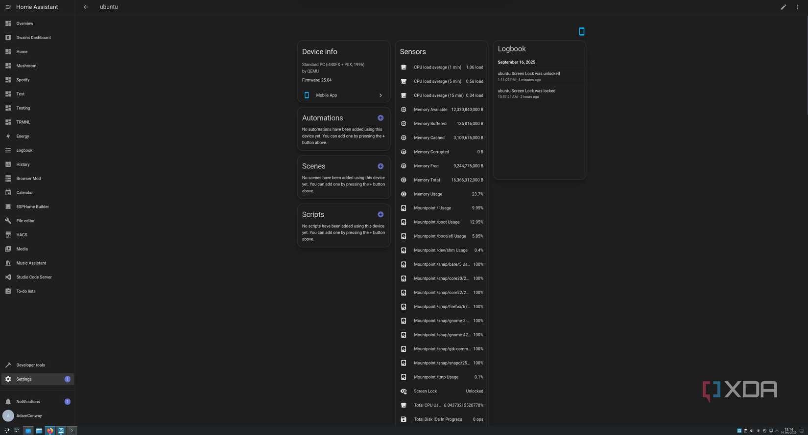 Home Assistant interface on a dark screen displaying device info, sensors data & logbook entries. Menu items listed vertically on left.