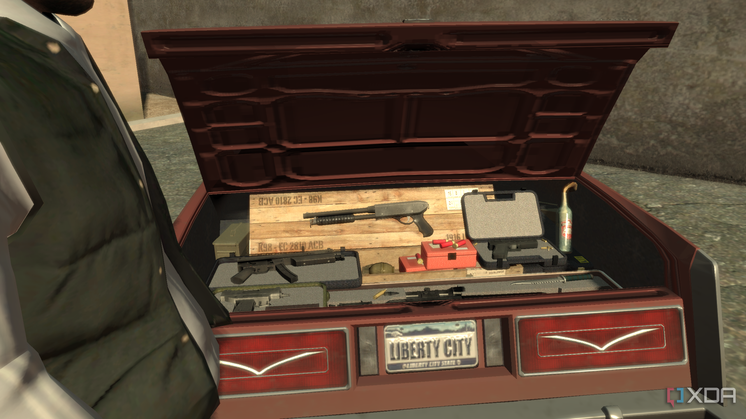 An open trunk chock-full with weapons in GTA IV.