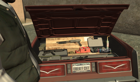 An open trunk chock-full with weapons in GTA IV.