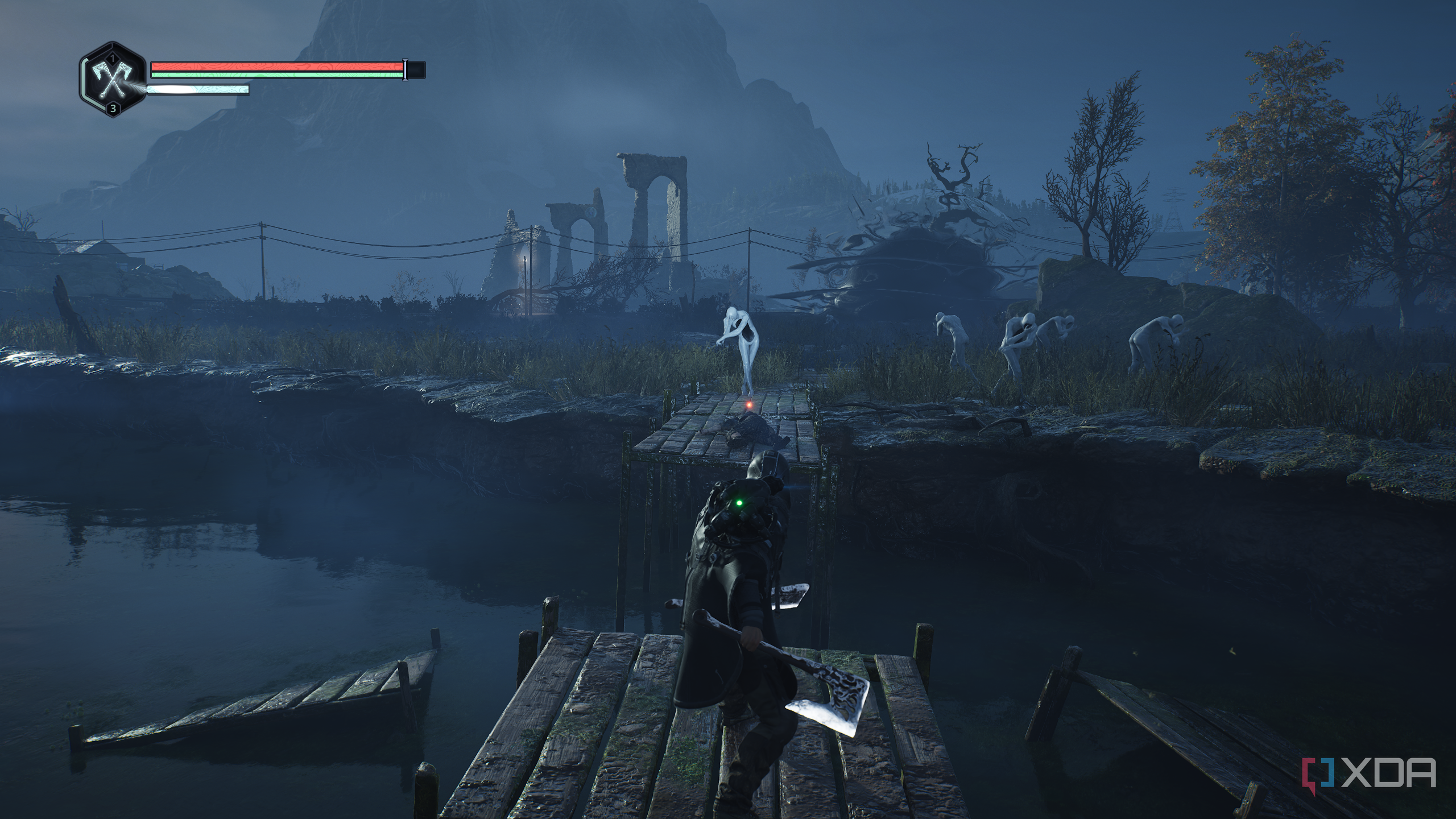 A bunch of Hollow Walkers standing across a broken bridge in a swamp in Hell is Us.