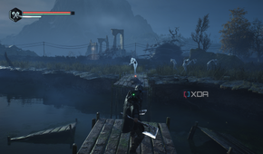 A bunch of Hollow Walkers standing across a broken bridge in a swamp in Hell is Us.