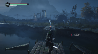 A bunch of Hollow Walkers standing across a broken bridge in a swamp in Hell is Us.
