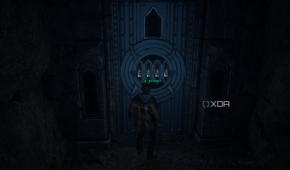 A locked door with a puzzle in Hell is Us.