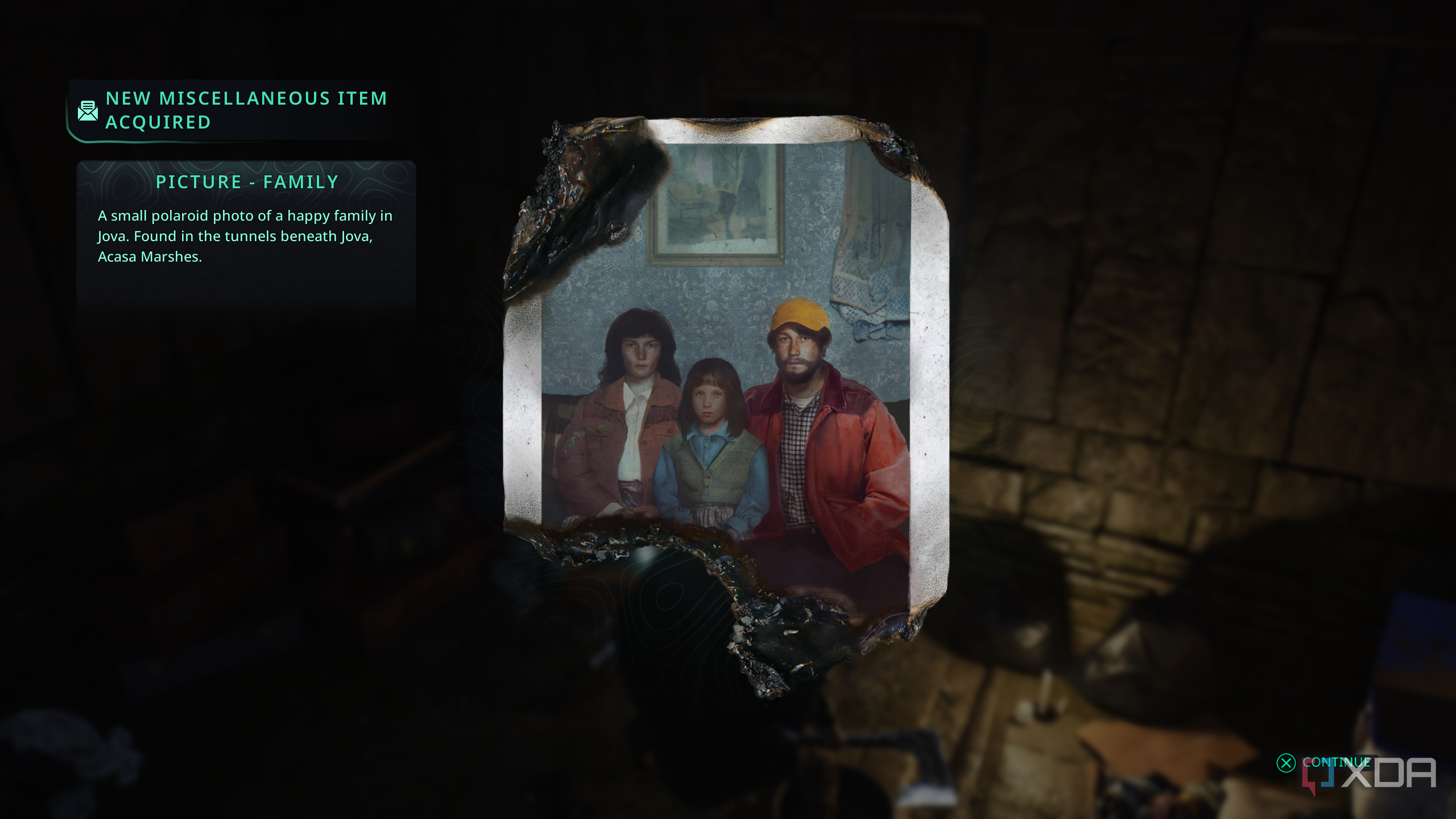 A burnt photograph of a family in Hell is Us.