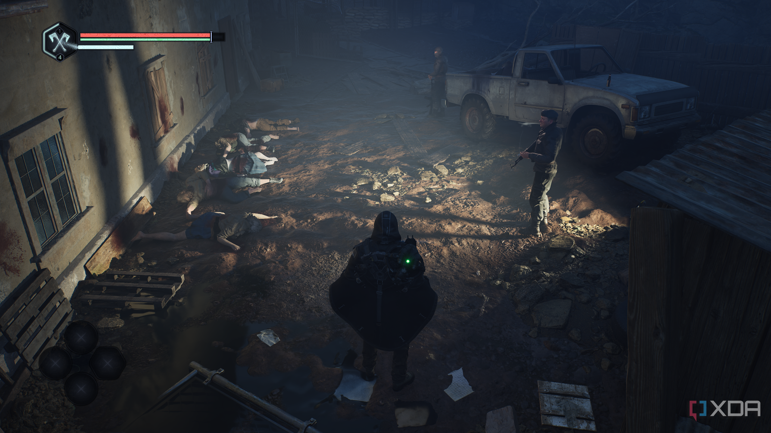 Soldiers standing next to corpses in a firing squad in Hell is Us.