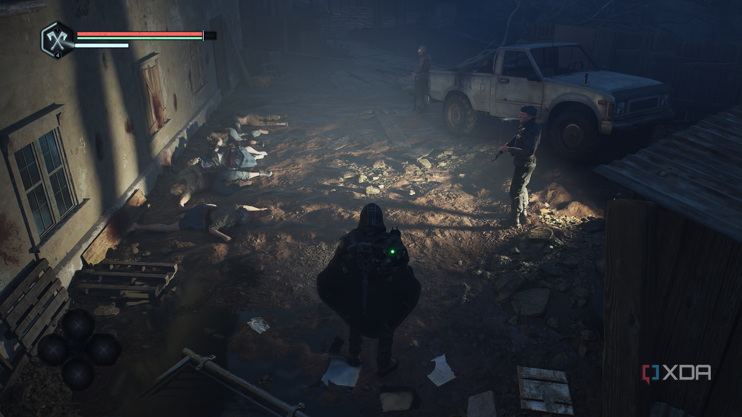 Soldiers standing next to corpses in a firing squad in Hell is Us.