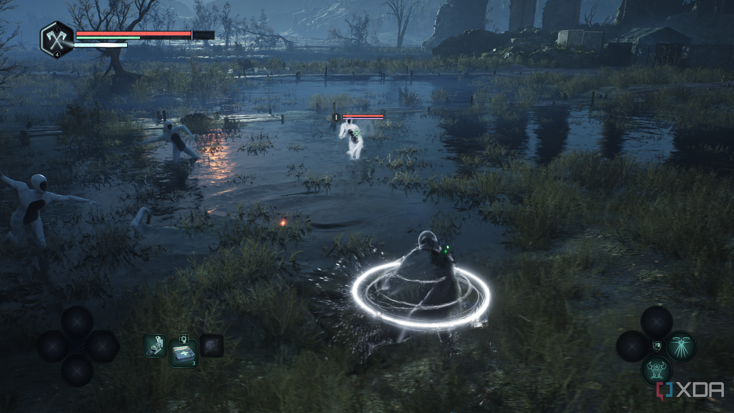 A healing ring around the protagonist in Hell is Us.