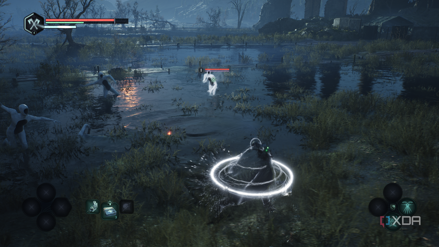A healing ring around the protagonist in Hell is Us.