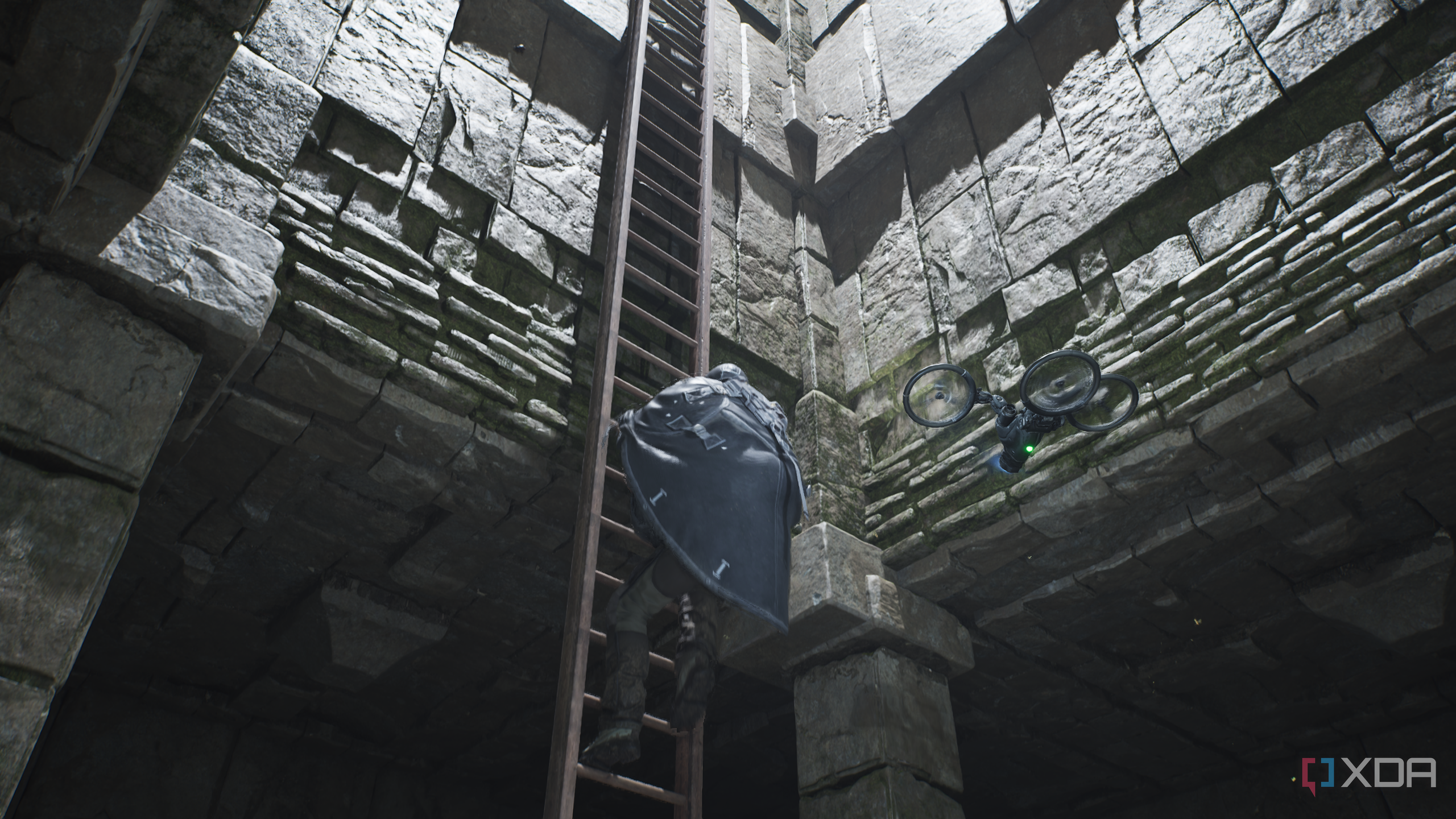 Climbing a ladder toward sunlight in Hell is Us.