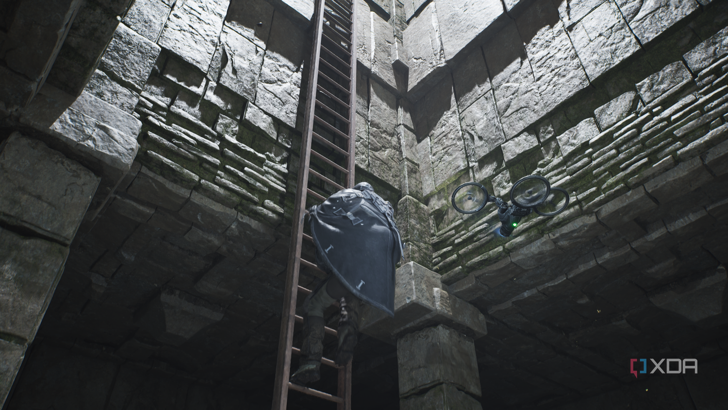 Climbing a ladder toward sunlight in Hell is Us.