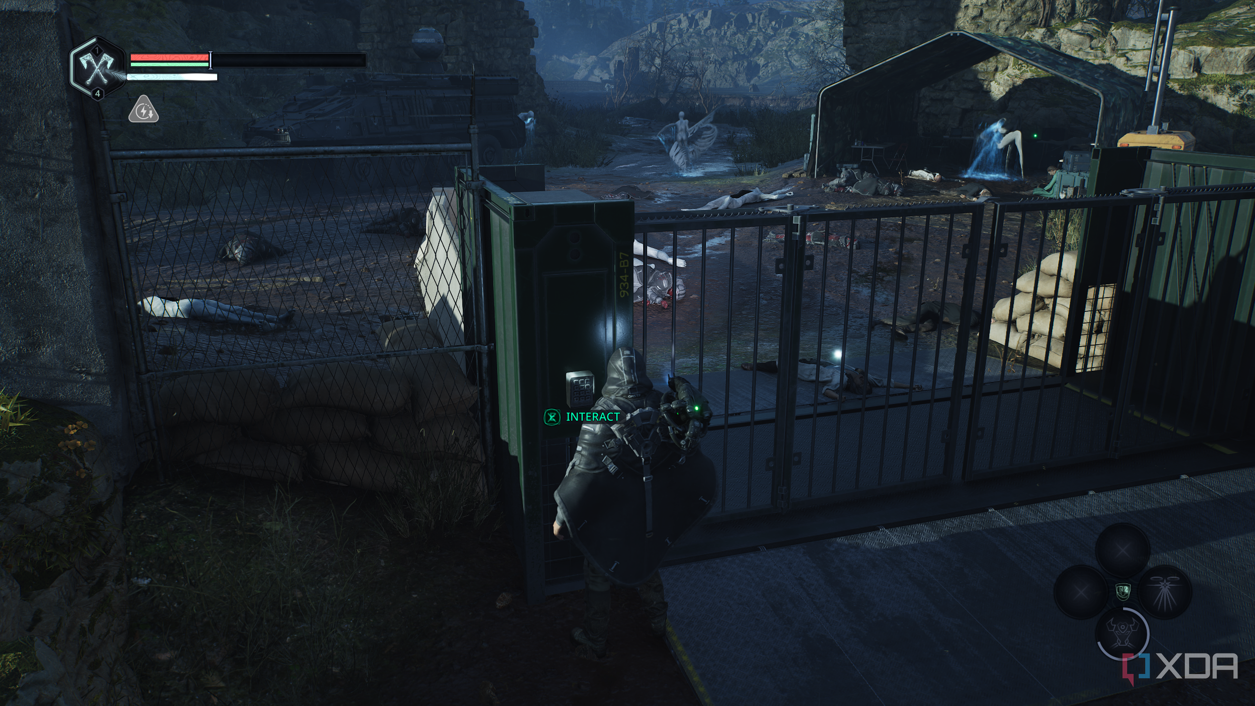 A locked gate with a camp behind it in Hell is Us.