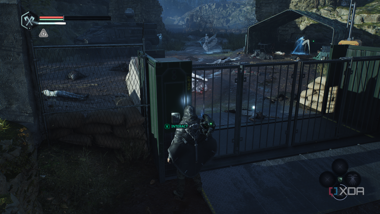 A locked gate with a camp behind it in Hell is Us.