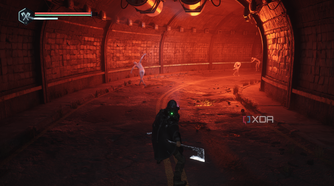 A tunnel bathed in red light in Hell is Us.