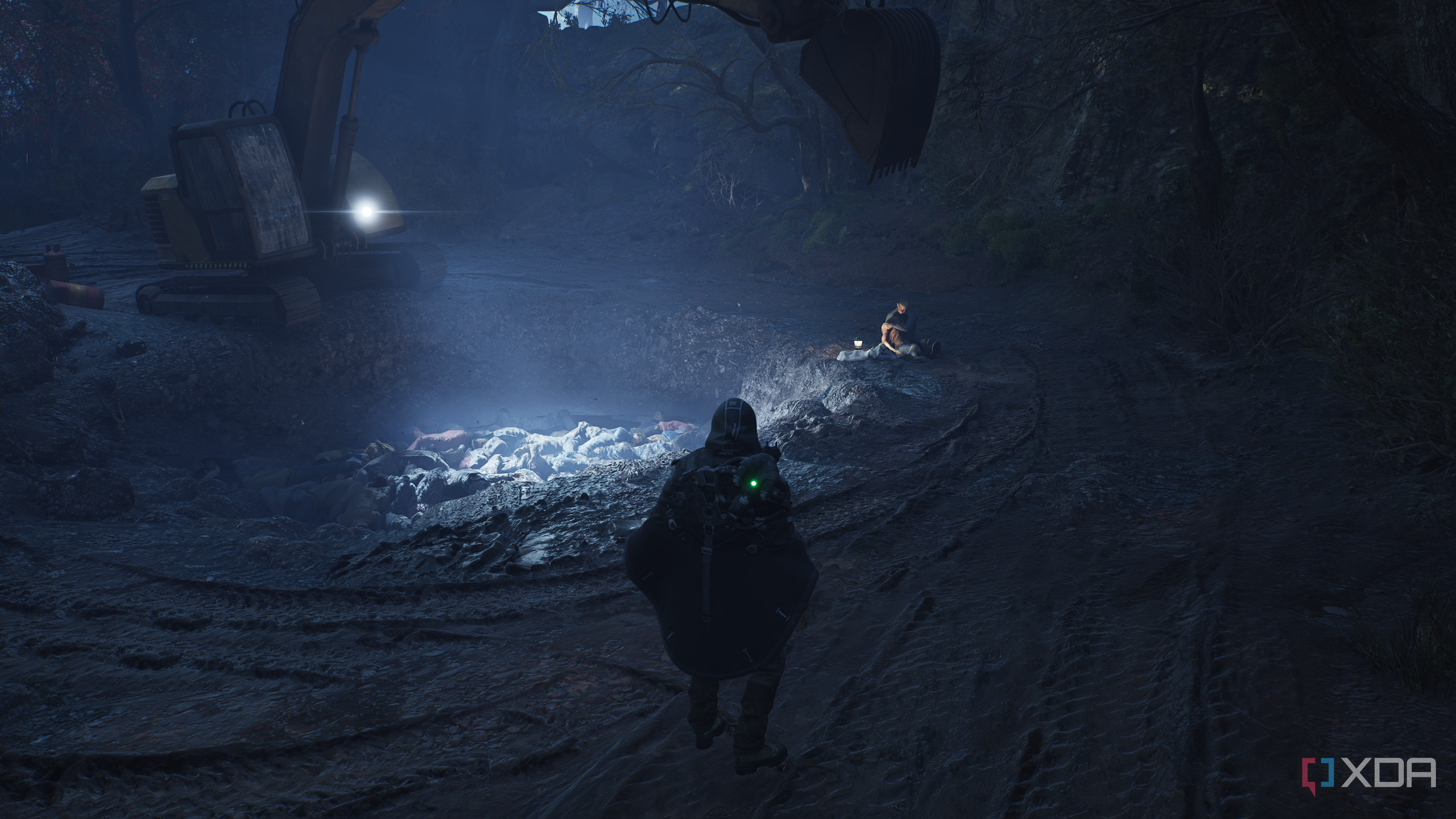 A man kneeling next to a pit of corpses in Hell is Us.