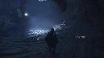 A man kneeling next to a pit of corpses in Hell is Us.