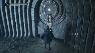 A locked puzzle door with a rotating dial and symbols in Hell is Us.