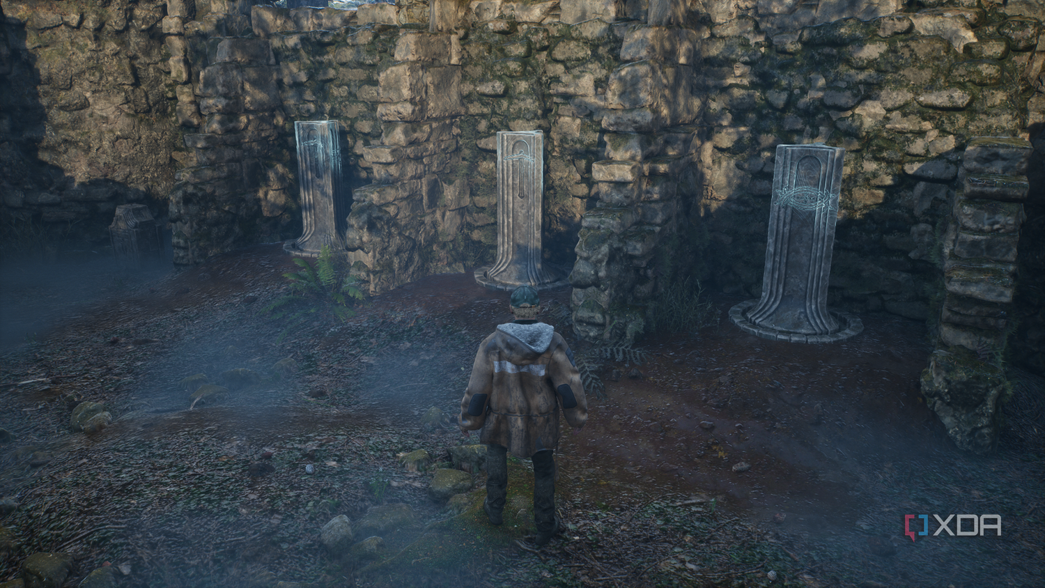 A stone pillar puzzle in the early hours of Hell is Us.