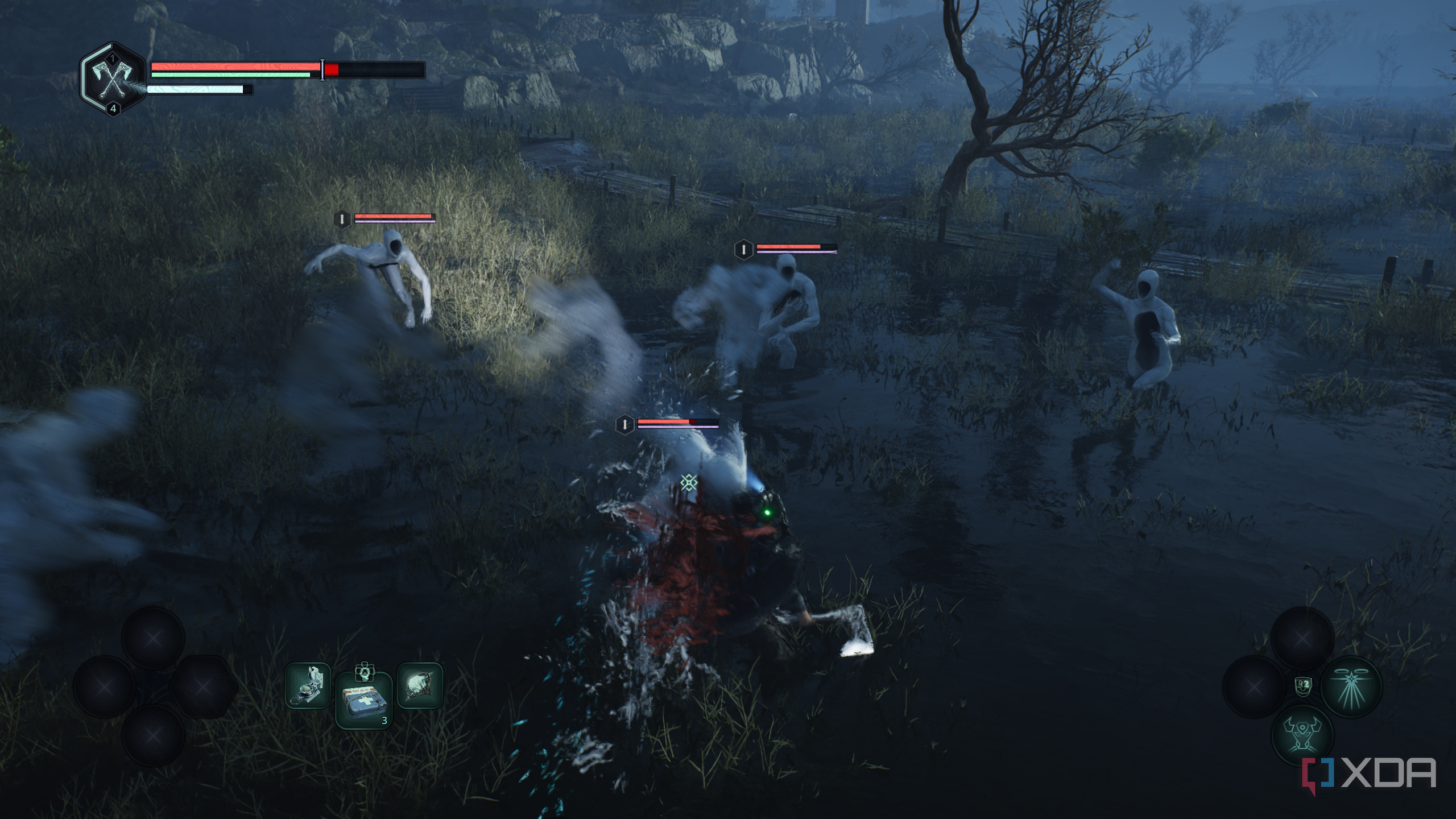 Fighting a swarm of Hollow Walkers in a swamp in Hell is Us.