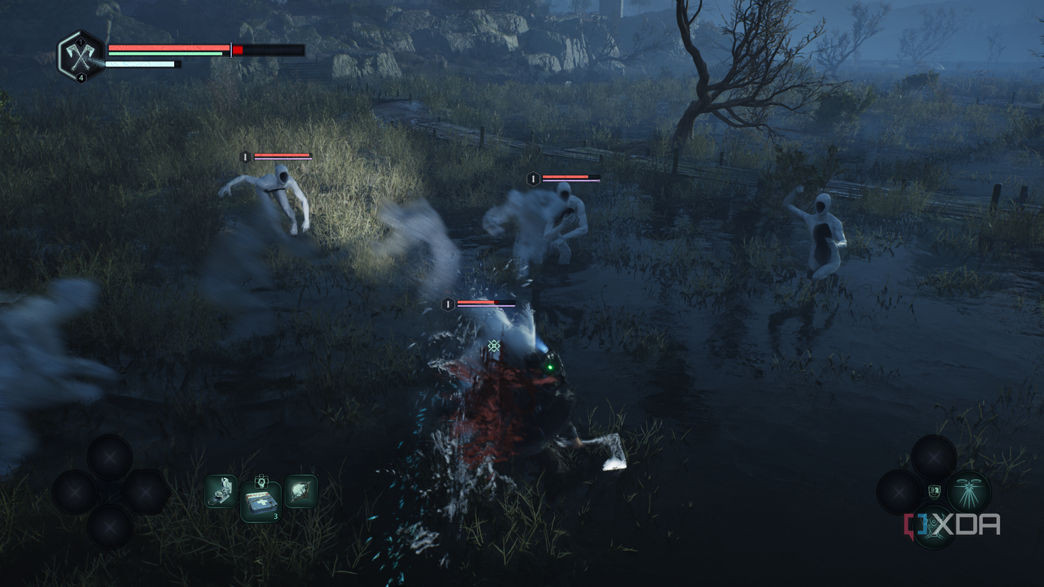 Fighting a swarm of Hollow Walkers in a swamp in Hell is Us.